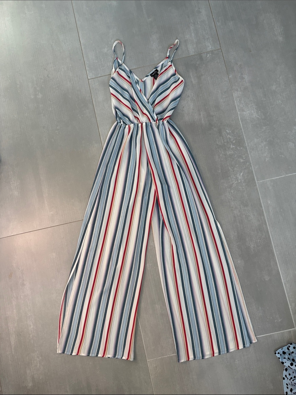 Rue21 Striped Spaghetti‑Strap Jumpsuit — Blue, Red & White